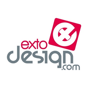 Logo firmy Exto Design z nazwą w kolorze szarym i czerwonym, na białym tle. Czerwony kwadrat z białym symbolem 'e' w górnym rogu.