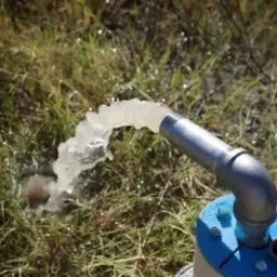 Woda wypływająca z metalowej rury wystającej z ziemi, otoczonej trawą i roślinnością.