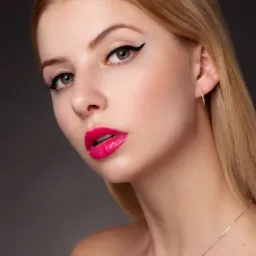 Portret młodej kobiety z precyzyjną kreską eyelinerem i intensywnie różową szminką, delikatny srebrny naszyjnik z zawieszką w kształcie serca.