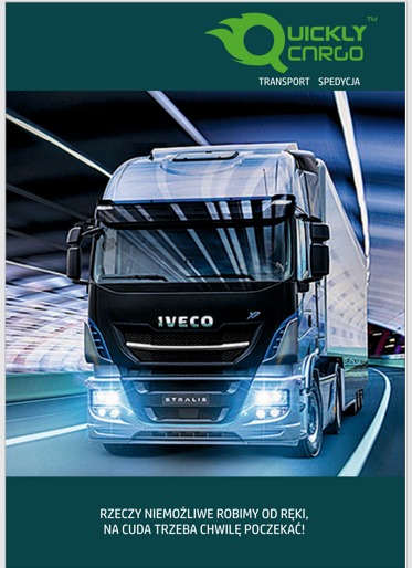 Ciężarówka marki Iveco Stralis z naczepą, zbliżenie na przód pojazdu z włączonymi światłami, widoczny logotyp firmy transportowej Quickly Cargo na górze grafiki.