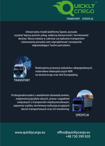 Ulotka reklamowa firmy transportowej Quickly Cargo z logo, zdjęciami ciężarówek i informacjami o transporcie ładunków całopojazdowych oraz materiałów niebezpiecznych ADR na terenie kraju i Unii...