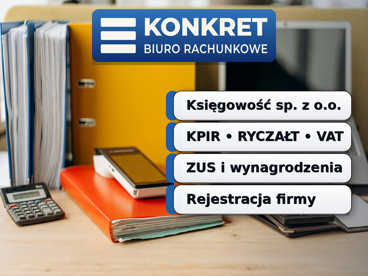 Biuro rachunkowe w Gdańsku: kalkulator, segregatory, terminal płatniczy i laptop. Oferta obejmuje księgowość, ZUS, VAT i rejestrację firmy.