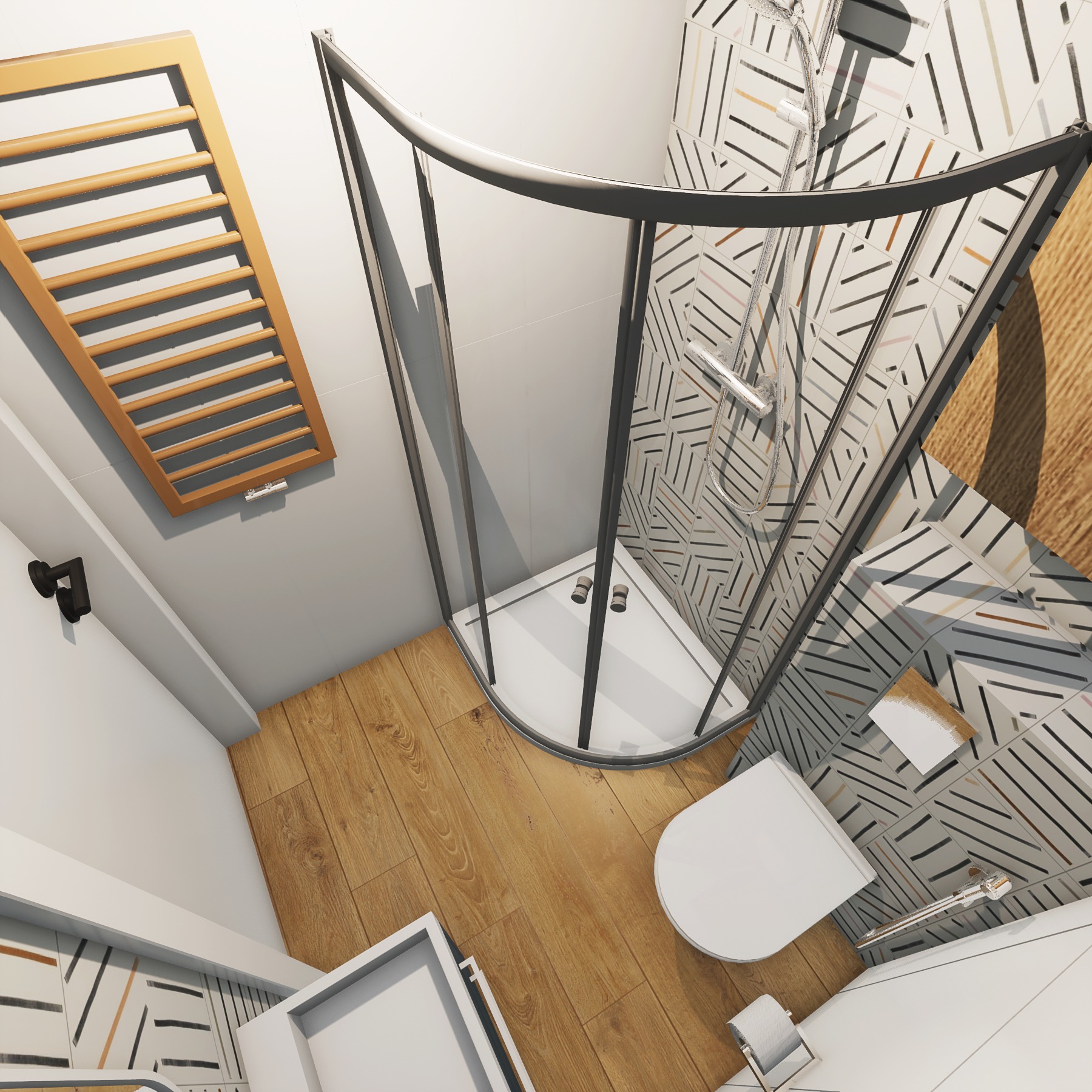 Wnętrze łazienki z kabiną prysznicową z czarną ramą, wiszącą toaletą, drewnianą podłogą i grzejnikiem drabinkowym w kolorze drewna na ścianie z szarą farbą.