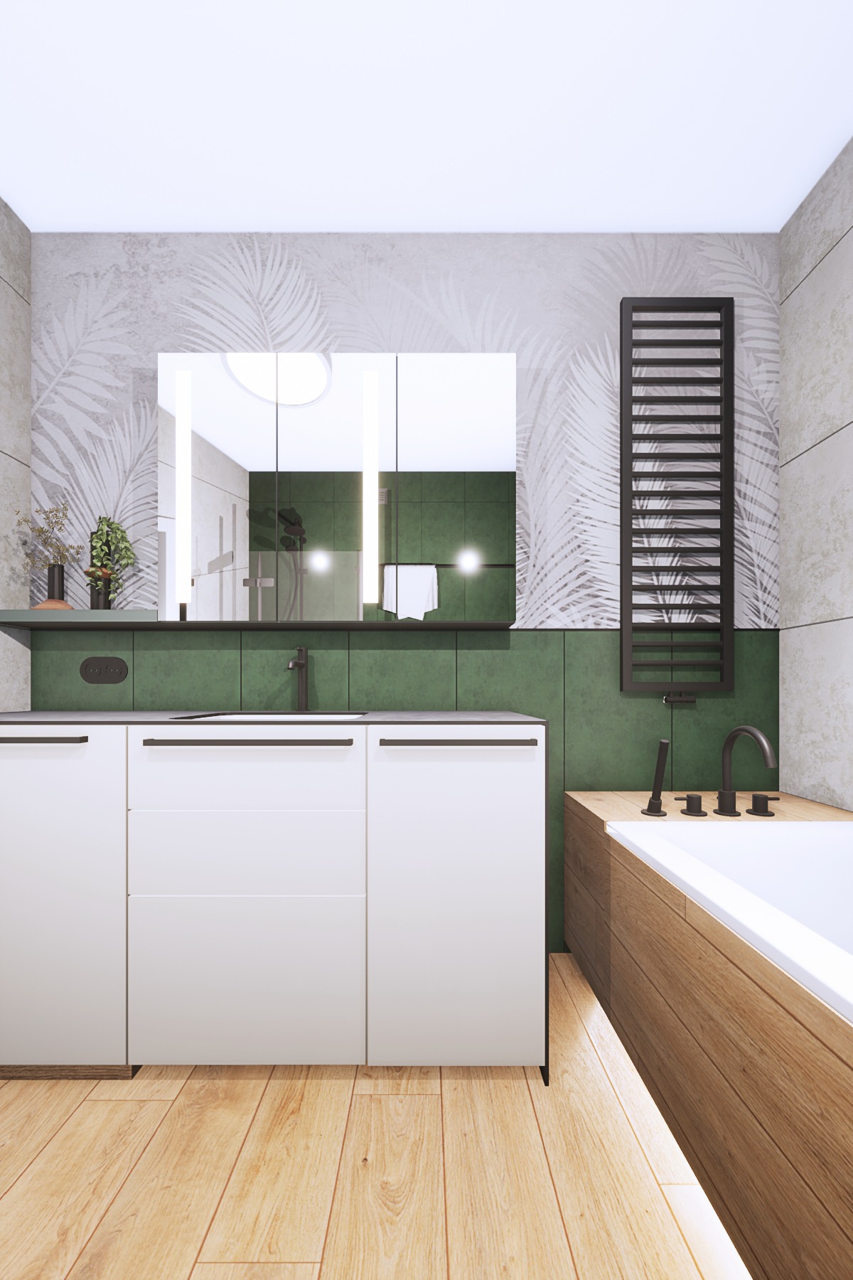 Nowoczesna łazienka z drewnianą podłogą, białymi szafkami pod umywalką, zielonymi płytkami na ścianie, lustrem z podświetleniem LED i grzejnikiem drabinkowym w kolorze czarnym.
