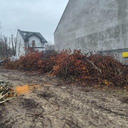 Tomasz Przeździęk - Błotnisty teren budowy z dużą stertą brązowych gałęzi i pociętymi pniami drzew. W tle szary budynek, ogrodzenie z żółtym znakiem 'Teren budowy' i biały dom.