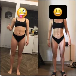 Kobieta w czarnym stroju sportowym prezentująca efekty redukcji wagi: zdjęcie po lewej stronie z uniesionym kciukiem w górę przedstawia sylwetkę przed, a zdjęcie po prawej stronie sylwetkę po...