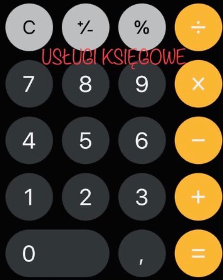 Kalkulator z napisem 'Usługi Księgowe' na czarnym tle, okrągłe przyciski z cyframi i symbolami działań.
