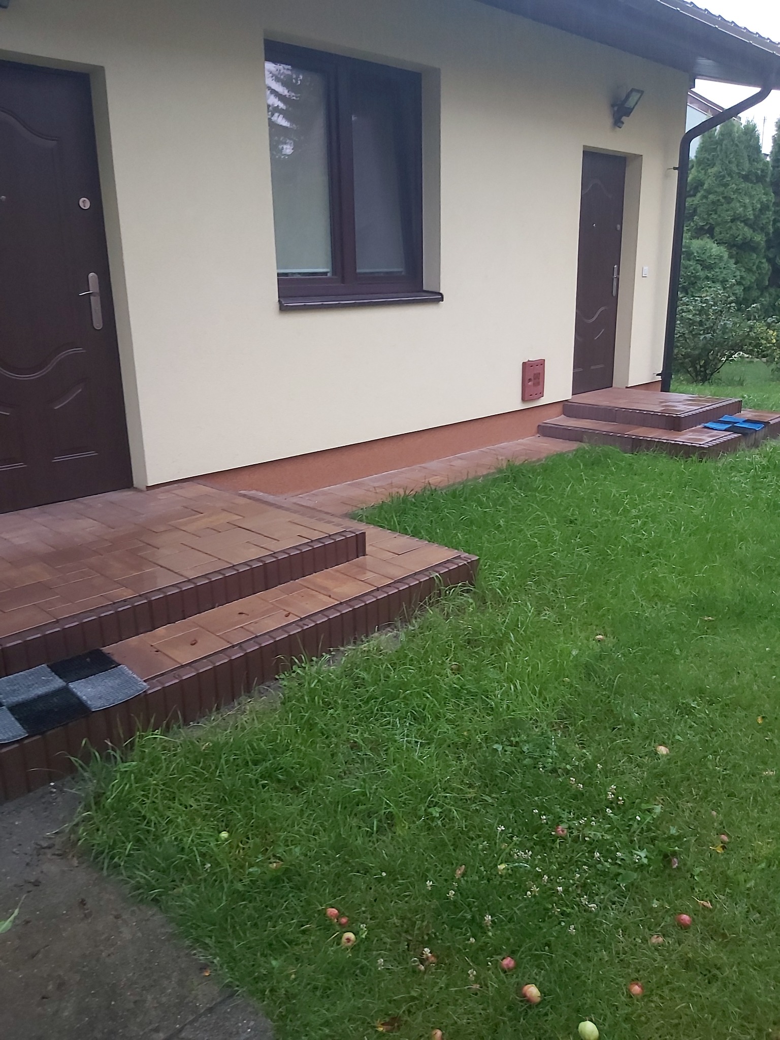 Ułożona kostka brukowa tworząca schody wejściowe do domu z dwiema parami drzwi, widoczne jabłka leżące na trawie.