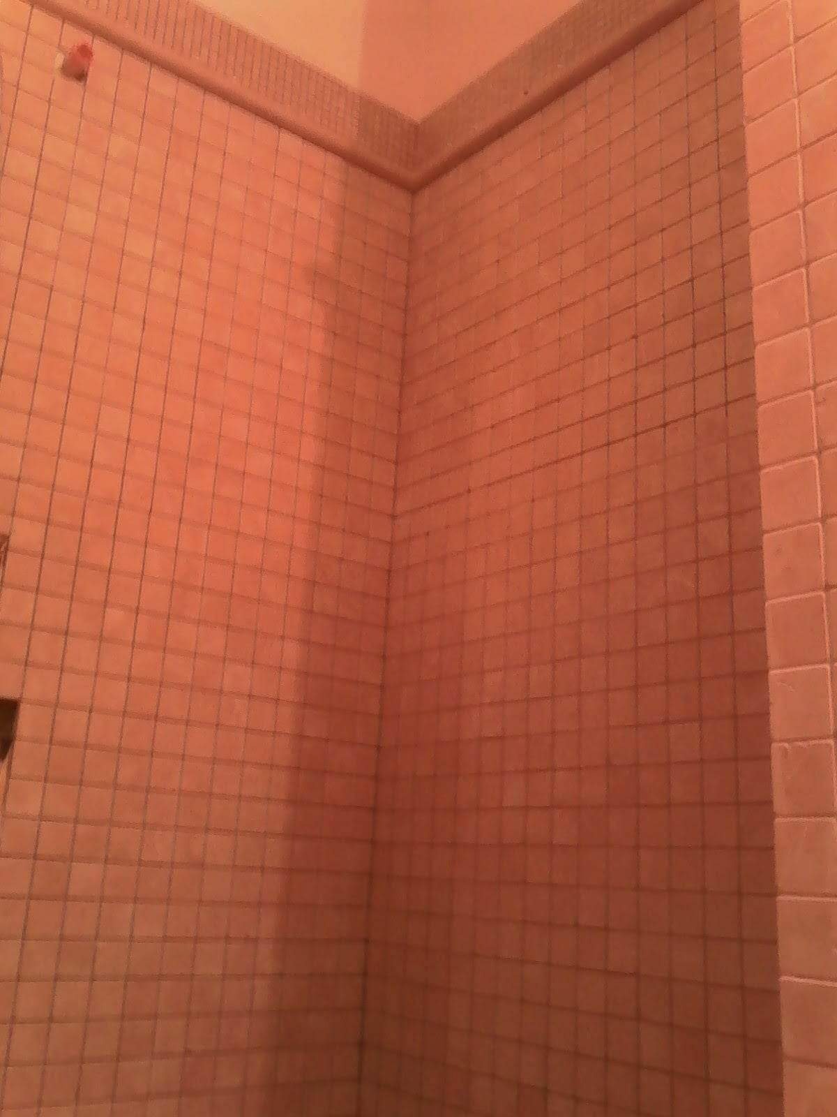 Wnętrze kabiny prysznicowej wyłożonej drobną, kwadratową, różową mozaiką ceramiczną, widok na narożnik ścian, z widocznym elementem głowicy prysznicowej.