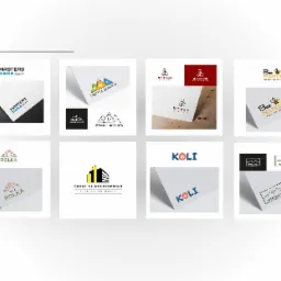 Kompilacja ośmiu różnych projektów logo, w tym logo z motywem górskim, pszczół, budynków i kwiatów, prezentowanych na białym tle w różnych układach i stylach.