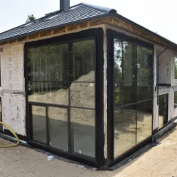 Dom w trakcie budowy z dużymi oknami z czarnymi ramami, widoczny surowy mur z betonu komórkowego i żółty wąż na piasku.