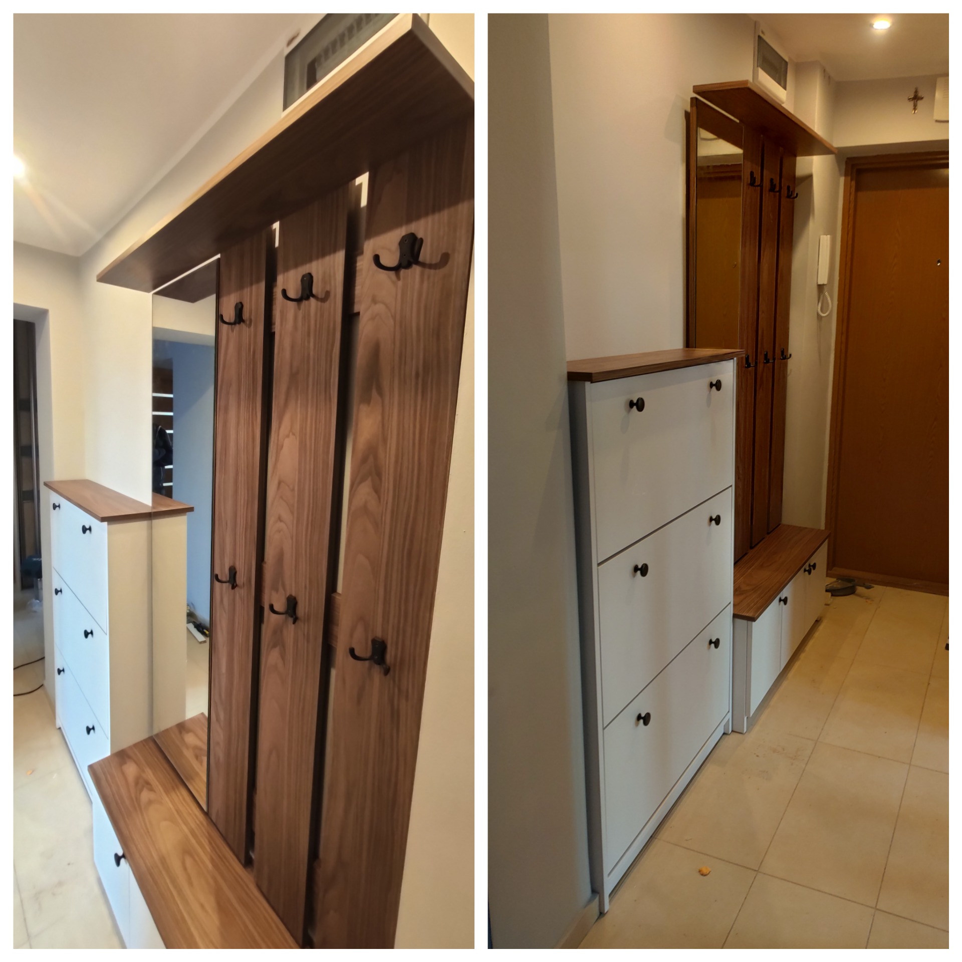 Komplet mebli do przedpokoju: biała szafka na buty z drewnianym blatem i panel z lustrem oraz wieszakami na ubrania, wykonany z drewna o wyraźnym usłojeniu.