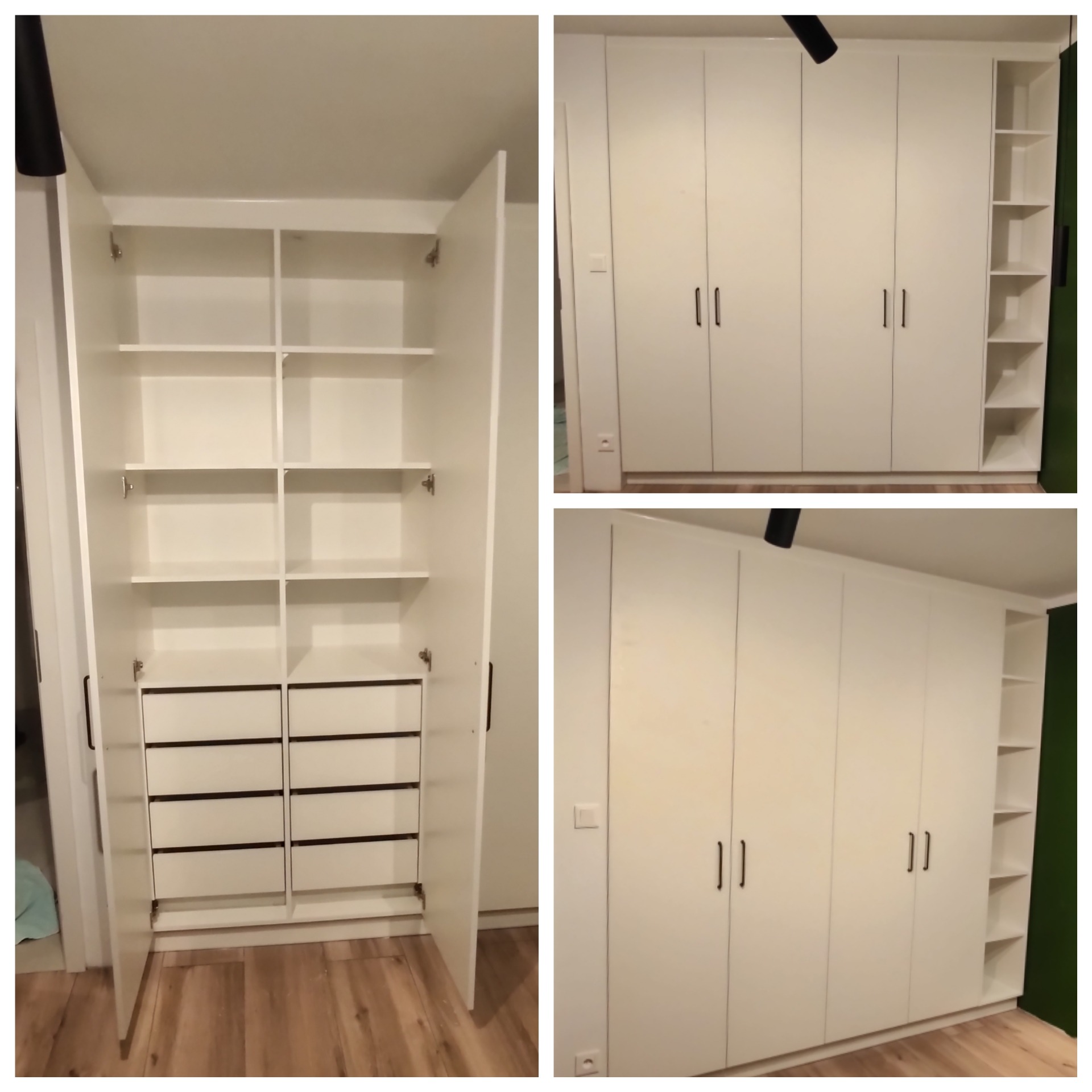 Biała szafa wnękowa z otwartymi drzwiami, ukazująca półki i szuflady, oraz zamkniętą częścią z minimalistycznymi uchwytami, na podłodze panele imitujące drewno.