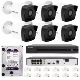 Zestaw sześciu kamer do monitoringu marki Hikvision, rejestrator DVR Hikvision, dysk twardy WD Purple 4TB przeznaczony do systemów monitoringu wizyjnego oraz złącza RJ45 na białym tle.