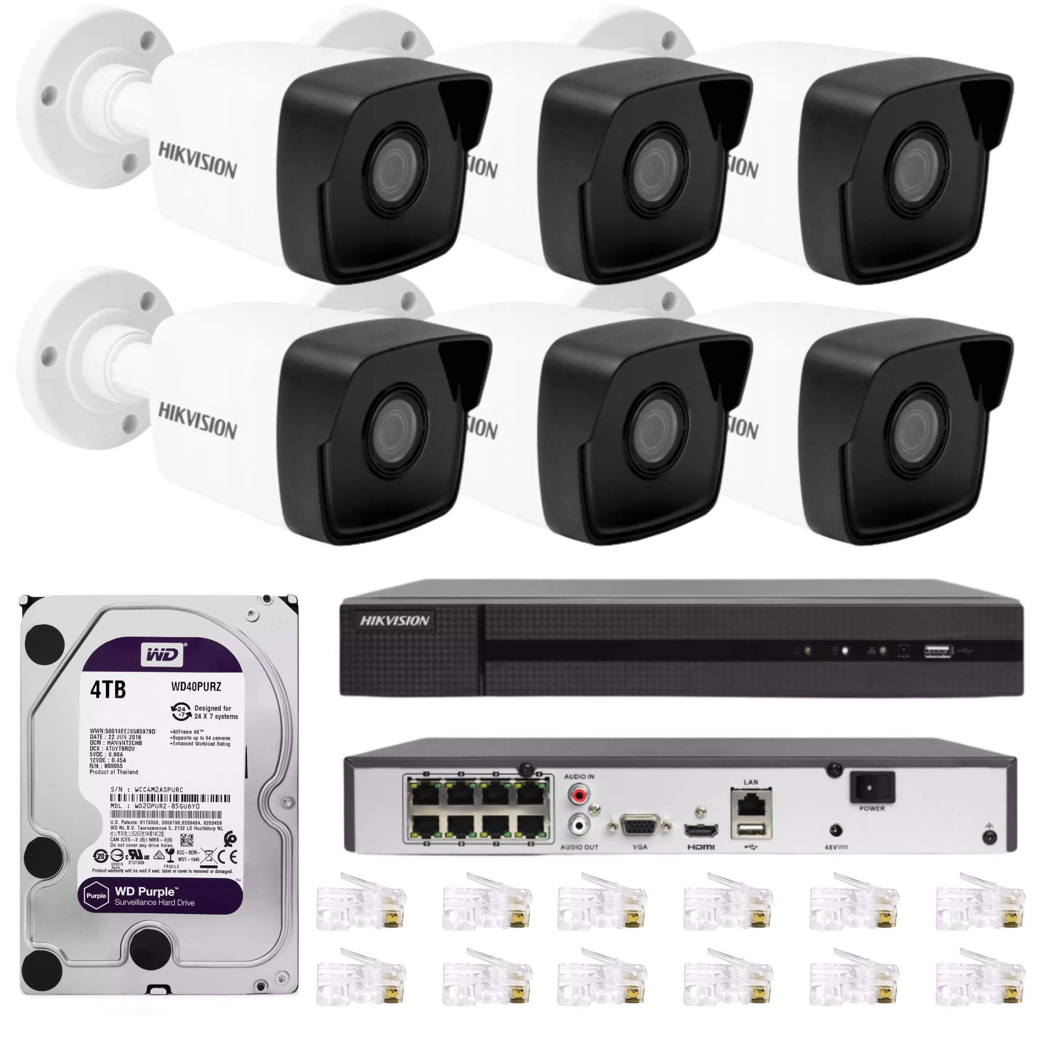 Zestaw sześciu kamer do monitoringu marki Hikvision, rejestrator DVR Hikvision, dysk twardy WD Purple 4TB przeznaczony do systemów monitoringu wizyjnego oraz złącza RJ45 na białym tle.