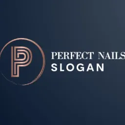 Eleganckie logo z literą P w okręgu w kolorze różowego złota, obok napis 'Perfect Nails' i 'Slogan' na ciemnogranatowym tle.