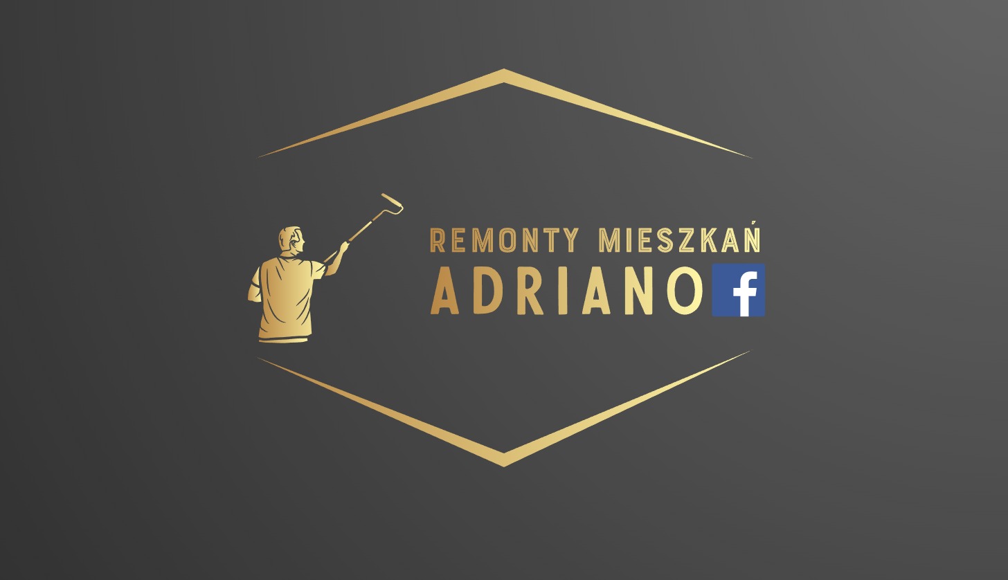Złote logo firmy remontowej: sylwetka malarza z wałkiem, napis 'Remonty Mieszkań Adriano' oraz ikona Facebooka na szarym tle w geometrycznej ramie.