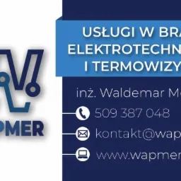 Wizytówka firmy Wapmer oferującej usługi w branży elektrotechnicznej i termowizyjnej, z logo w kształcie litery W stylizowanej na schemat elektryczny, numerem telefonu i adresem e-mail.