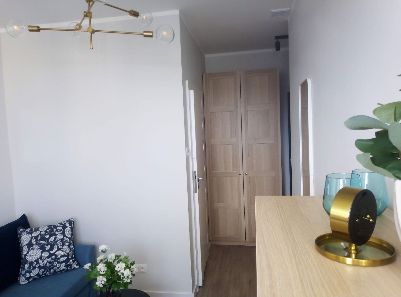 Jasne wnętrze pokoju z białymi ścianami, drewnianą szafą wnękową, niebieską sofą z wzorzystą poduszką i nowoczesną lampą sufitową.