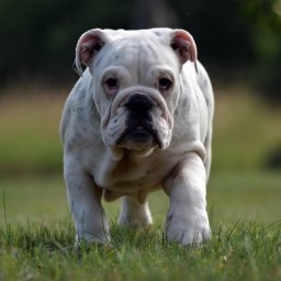 Artur Pawlak - Biały buldog angielski z plamkami, zbliżenie, patrzący wprost w obiektyw na tle zielonej trawy i rozmytej zieleni.