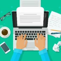 Ilustracja przedstawiająca dłonie piszące na laptopie z widocznymi okularami, filiżanką kawy, smartfonem, kartkami papieru z notatkami, ołówkiem, długopisem i zgniecioną kulką papieru na turkusowym...