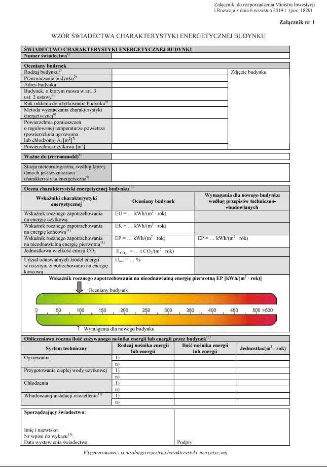 Wzór świadectwa charakterystyki energetycznej budynku, z miejscem na zdjęcie budynku i danymi technicznymi dotyczącymi zużycia energii.