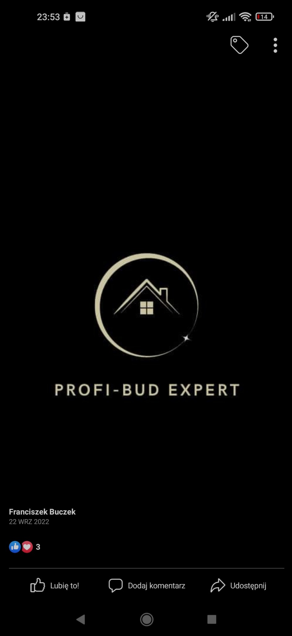 Logo firmy budowlanej Profi-Bud Expert przedstawiające stylizowany zarys domu w okręgu, na czarnym tle.