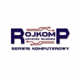 Logo firmy Rojkomp Mateusz Włodarz, serwis komputerowy, z elementami graficznymi przypominającymi ścieżki elektroniczne.