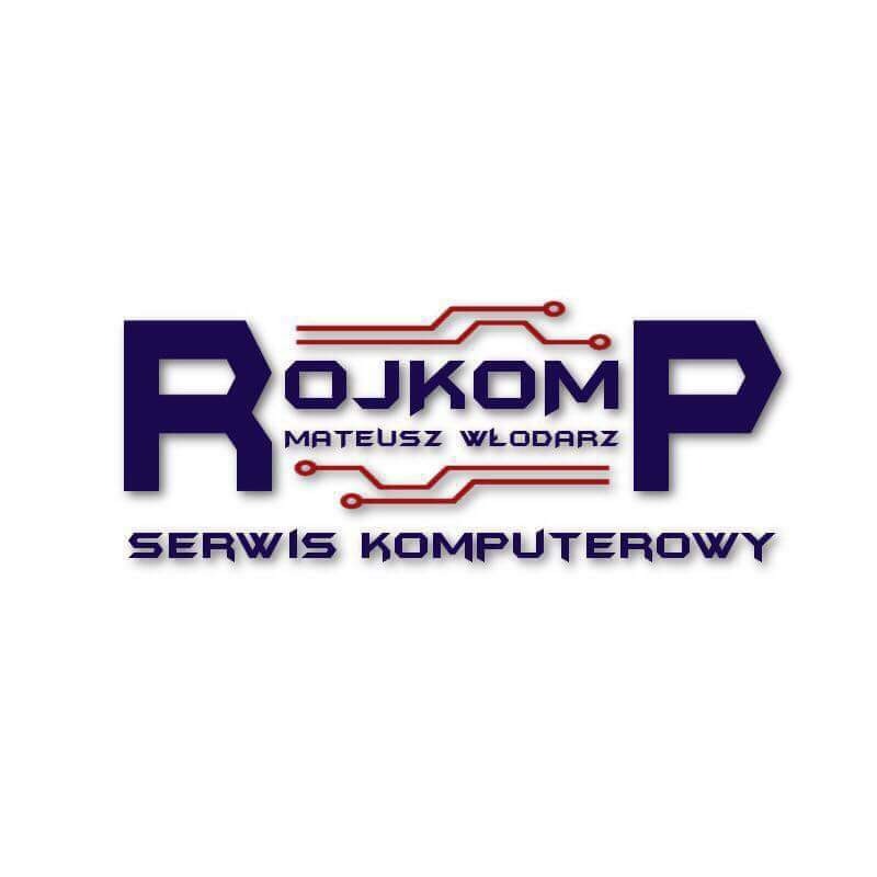 Logo firmy Rojkomp Mateusz Włodarz, serwis komputerowy, z elementami graficznymi przypominającymi ścieżki elektroniczne.