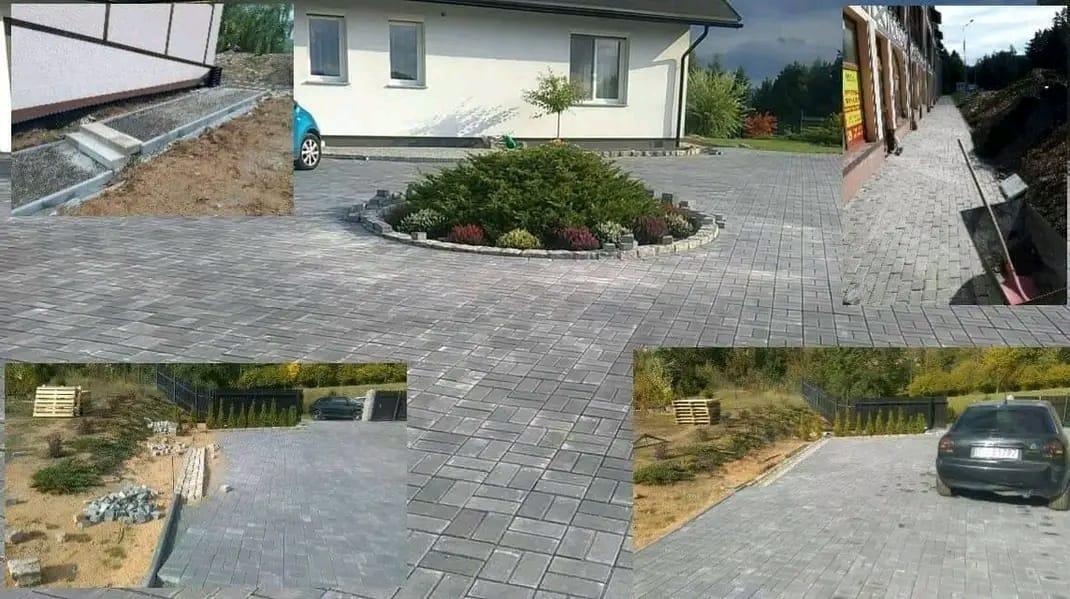 Kompozycja z kilku ujęć: szara kostka brukowa ułożona na posesji z elementami architektury, ogrodu i pojazdów, widok z różnych perspektyw i etapów realizacji.