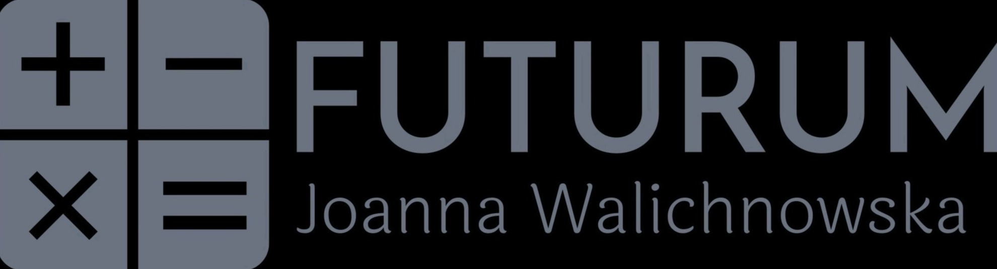 Logo firmy 'FUTURUM Joanna Walichnowska' z symbolem kalkulatora w lewym górnym rogu, utrzymane w szarej kolorystyce na czarnym tle.