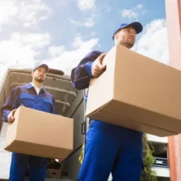 Dwóch pracowników w niebieskich kombinezonach i czapkach transportuje kartonowe pudła do białego busa na tle błękitnego nieba i budynku.