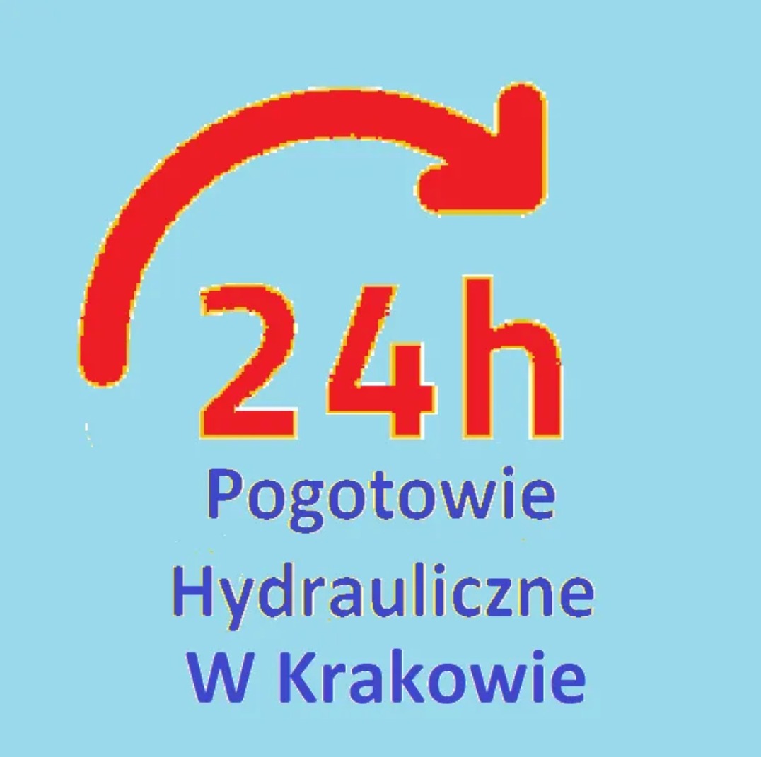 Grafika Pogotowia Hydraulicznego w Krakowie, czynnego 24h, z czerwonym logo strzałki zakręconej nad napisem.