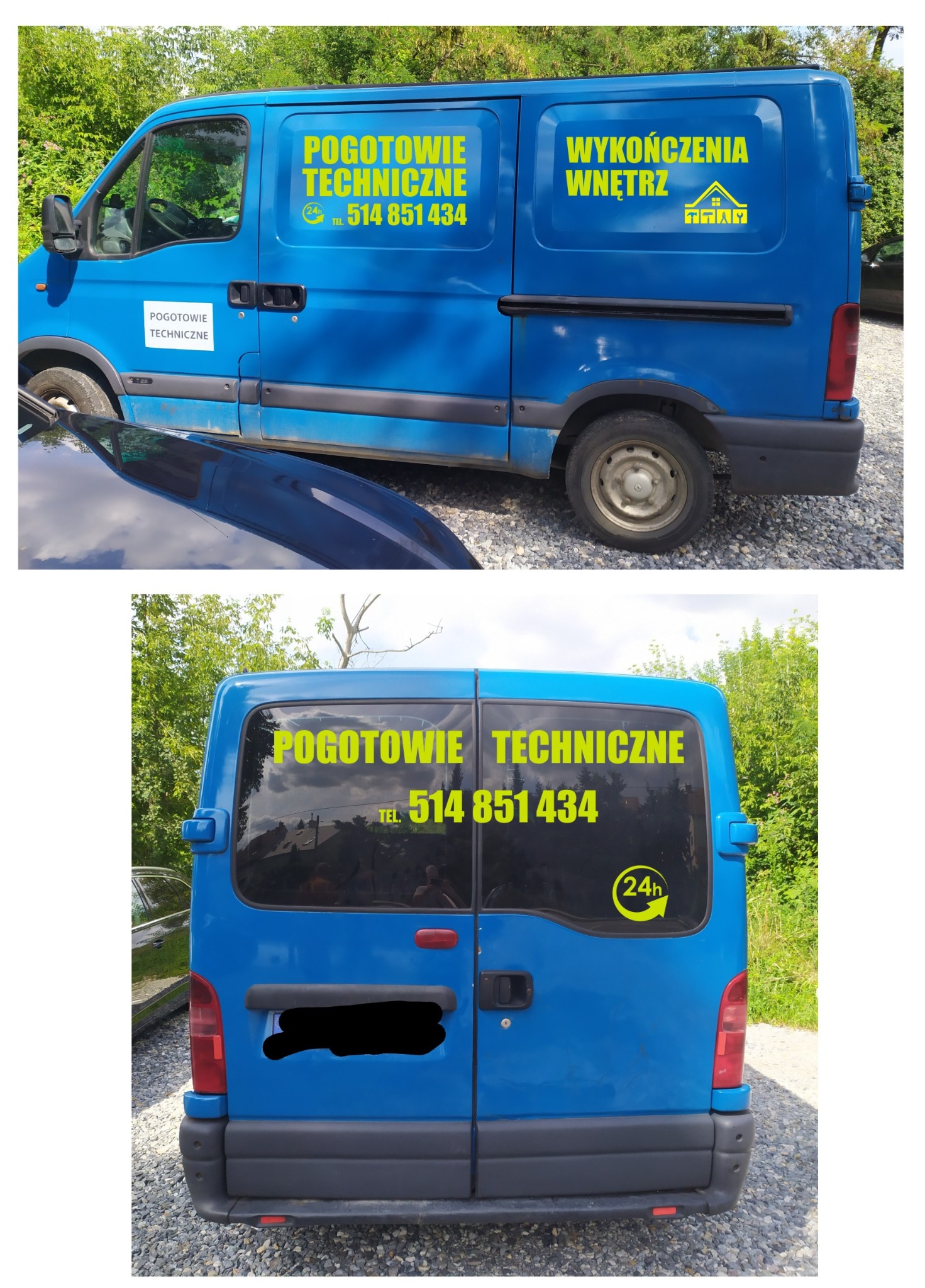 Niebieski samochód dostawczy z naklejkami reklamowymi 'Pogotowie Techniczne' z numerem telefonu i 'Wykończenia Wnętrz' z symbolem domu, zaparkowany na żwirowym podłożu.