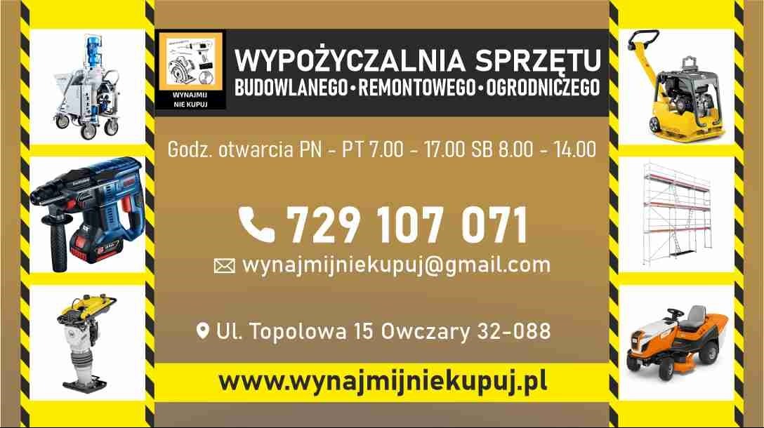 Grafika reklamowa z kolażem zdjęć sprzętu budowlanego, remontowego i ogrodniczego, godziny otwarcia i dane kontaktowe wypożyczalni.