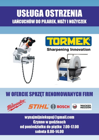 Plakat reklamowy usługi ostrzenia łańcuchów do pilarek, noży i nożyczek, prezentujący dwie ostrzałki oraz logotypy marek Milwaukee, Stihl, Bosch i Wacker Neuson.