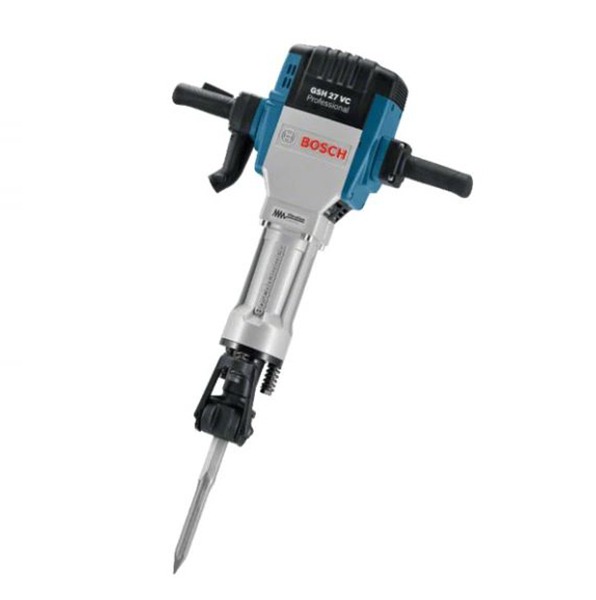 Profesjonalny młot wyburzeniowy Bosch GSH 27 VC z dłutem, na białym tle, widok z przodu.