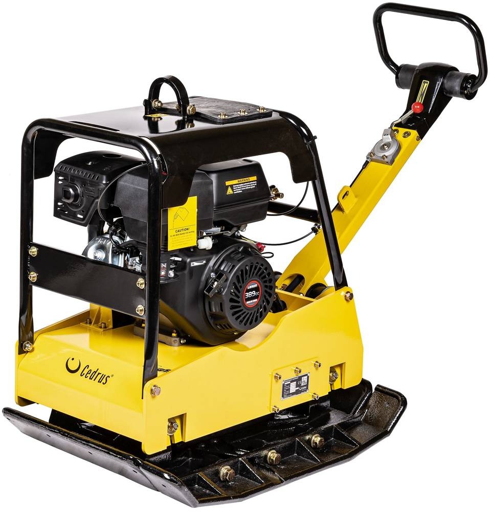Żółto-czarna zagęszczarka gruntu z silnikiem 389cc i uchwytem, widoczne logo Cedrus.