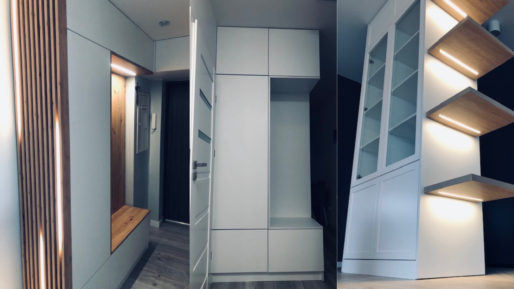 Wnętrze przedpokoju z zabudową na wymiar: drewniane lamele z podświetleniem LED, biała szafa z siedziskiem i przeszklona witryna z drewnianymi półkami podświetlonymi LED.