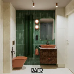 Nowoczesna łazienka z zielonymi płytkami, miedzianą armaturą i drewnianą szafką pod umywalką. Minimalistyczny design, ciepłe oświetlenie, eleganckie wykończenie.