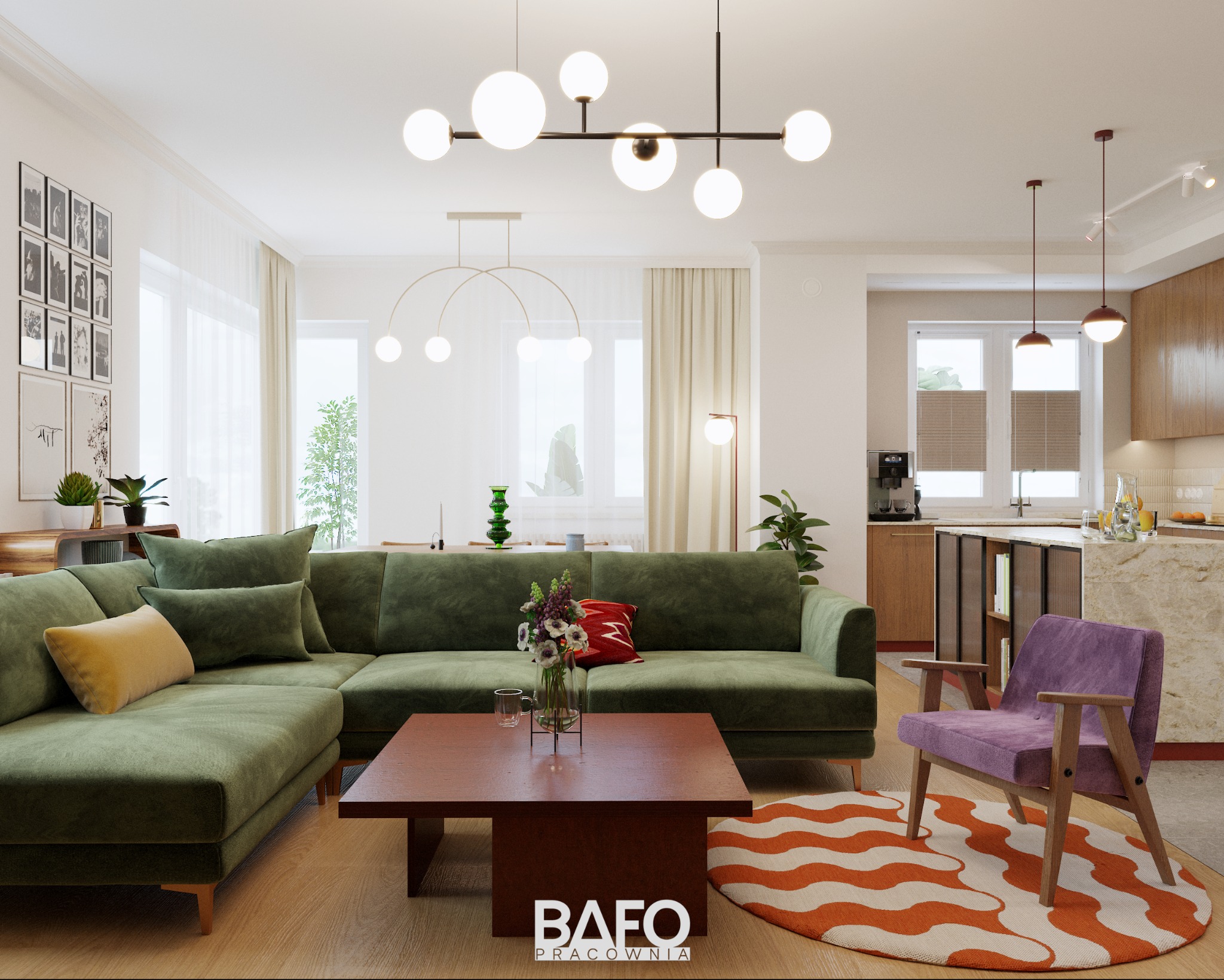 Wnętrze salonu z zieloną sofą narożną, drewnianym stolikiem kawowym z kwiatami, fioletowym fotelem i kuchnią w tle, oświetlone nowoczesnymi lampami.