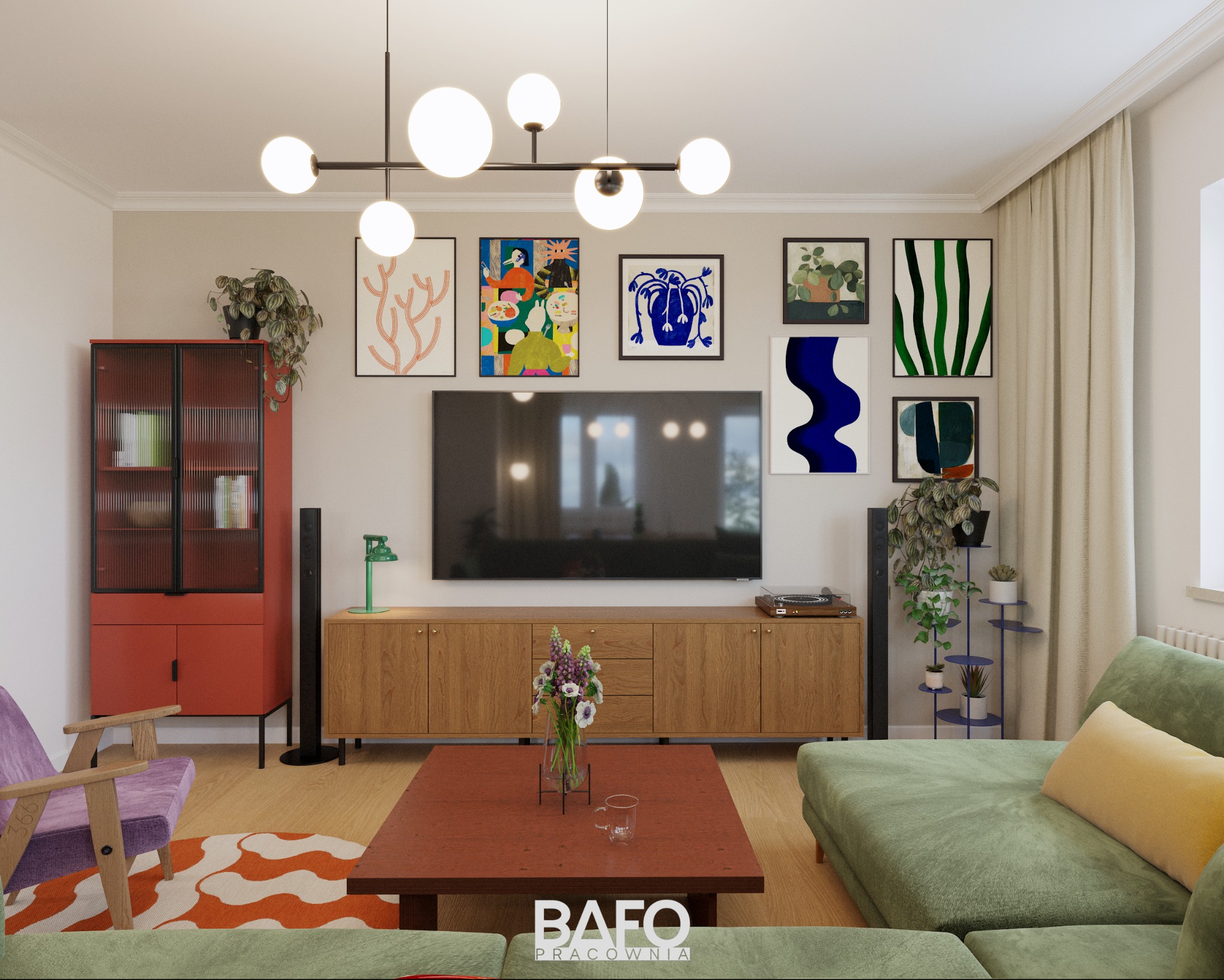 Wizualizacja salonu z zieloną sofą, drewnianą komodą pod telewizorem, czerwonym regałem i kolekcją obrazów na ścianie, oświetlonego nowoczesną lampą sufitową.
