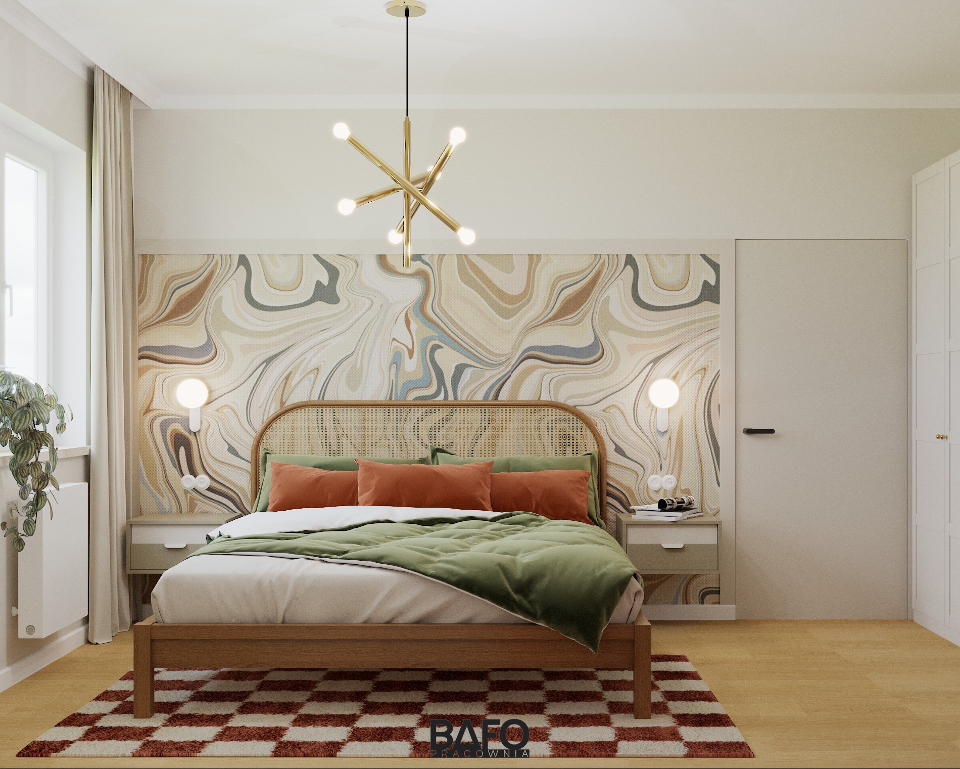 Sypialnia w stylu retro z łóżkiem z rattanowym wezgłowiem, wzorzystą tapetą w odcieniach beżu i brązu, oraz nowoczesną lampą sufitową w kolorze złota.