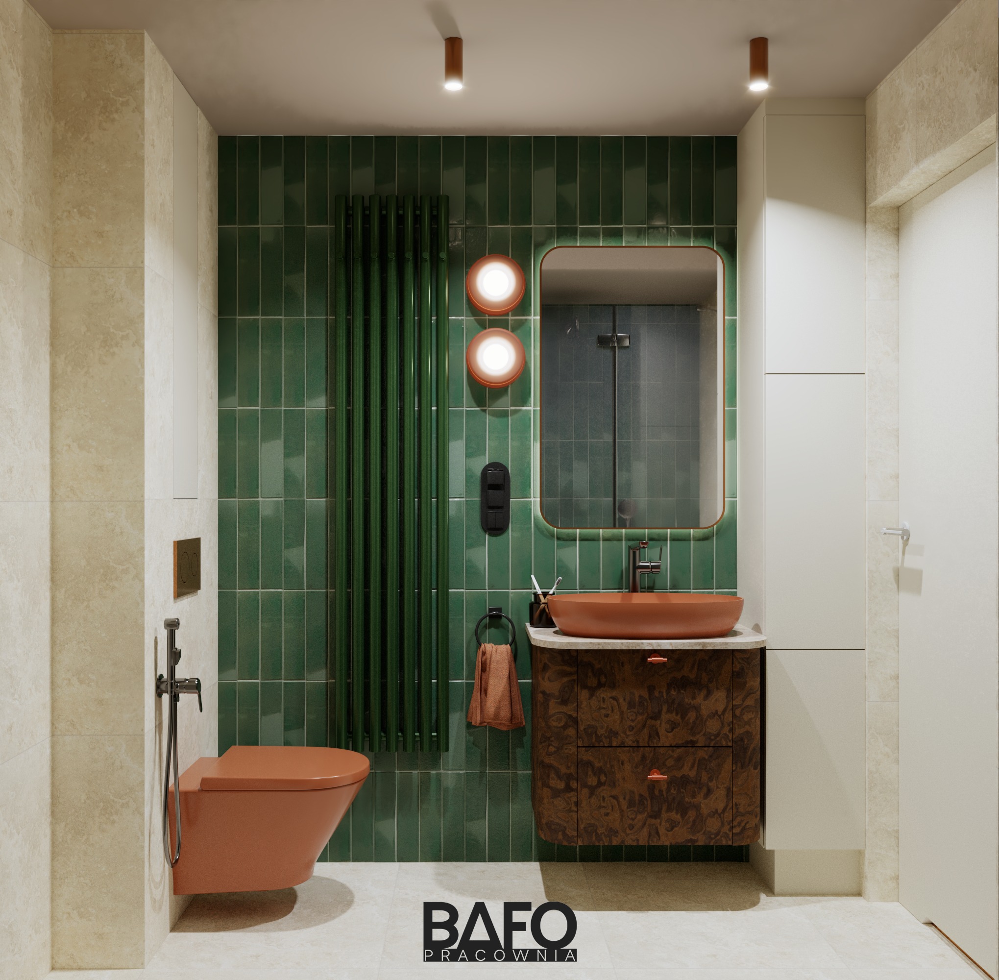 Nowoczesna łazienka z zielonymi płytkami, miedzianą armaturą i drewnianą szafką pod umywalką. Minimalistyczny design, ciepłe oświetlenie, eleganckie wykończenie.