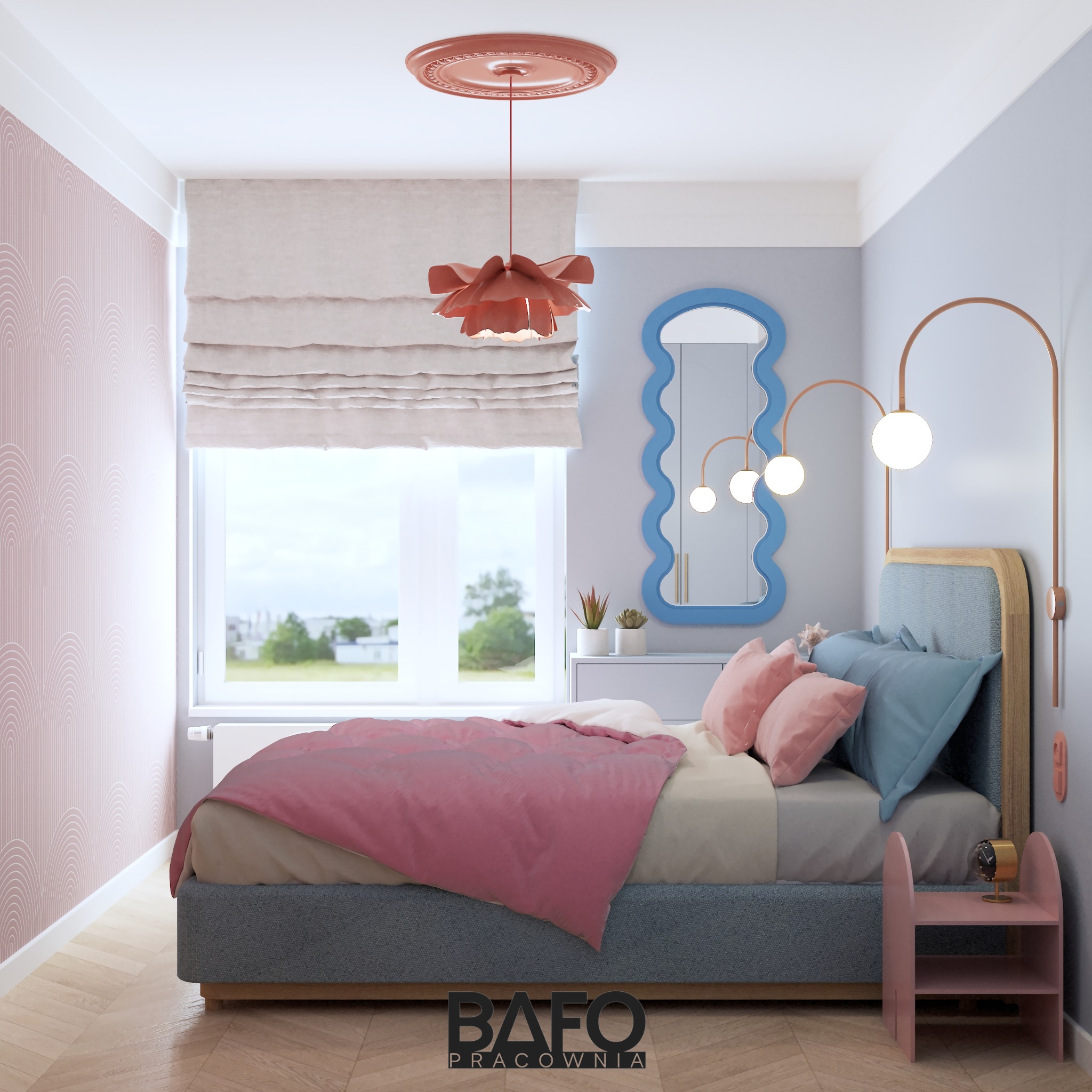 Urocza sypialnia dziecięca z łóżkiem w pastelowych odcieniach, falistym lustrem i lampą w kształcie kwiatu. Parkiet w jodełkę dodaje elegancji.