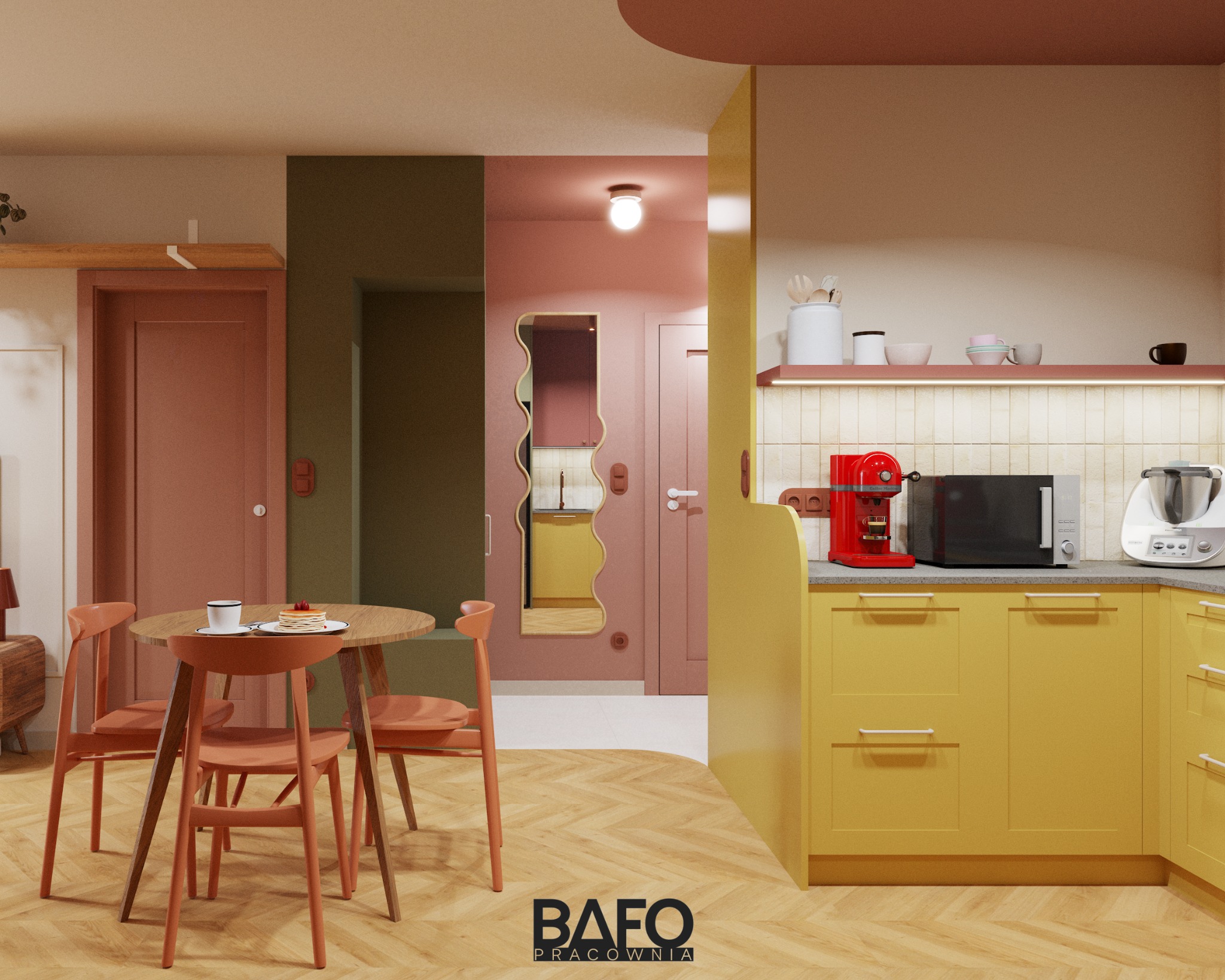 Pastelowe wnętrze mieszkania: żółta kuchnia z czerwonym ekspresem, okrągły stół z krzesłami i lustro o falistym kształcie. Widok na różowy przedpokój i zielony pokój.