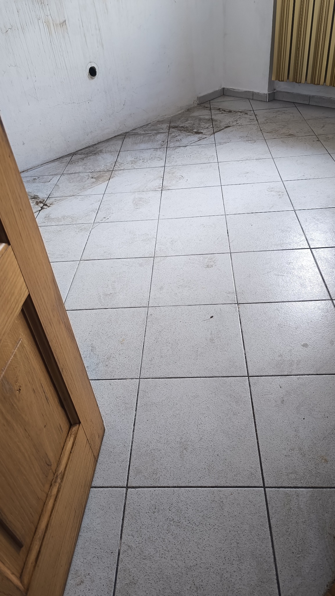 Brudna, jasna podłoga z płytek w rogu pokoju, przy ścianie z widoczną dziurą. Częściowo widoczne drzwi i zasłona. Ślady zabrudzeń wzdłuż ściany.