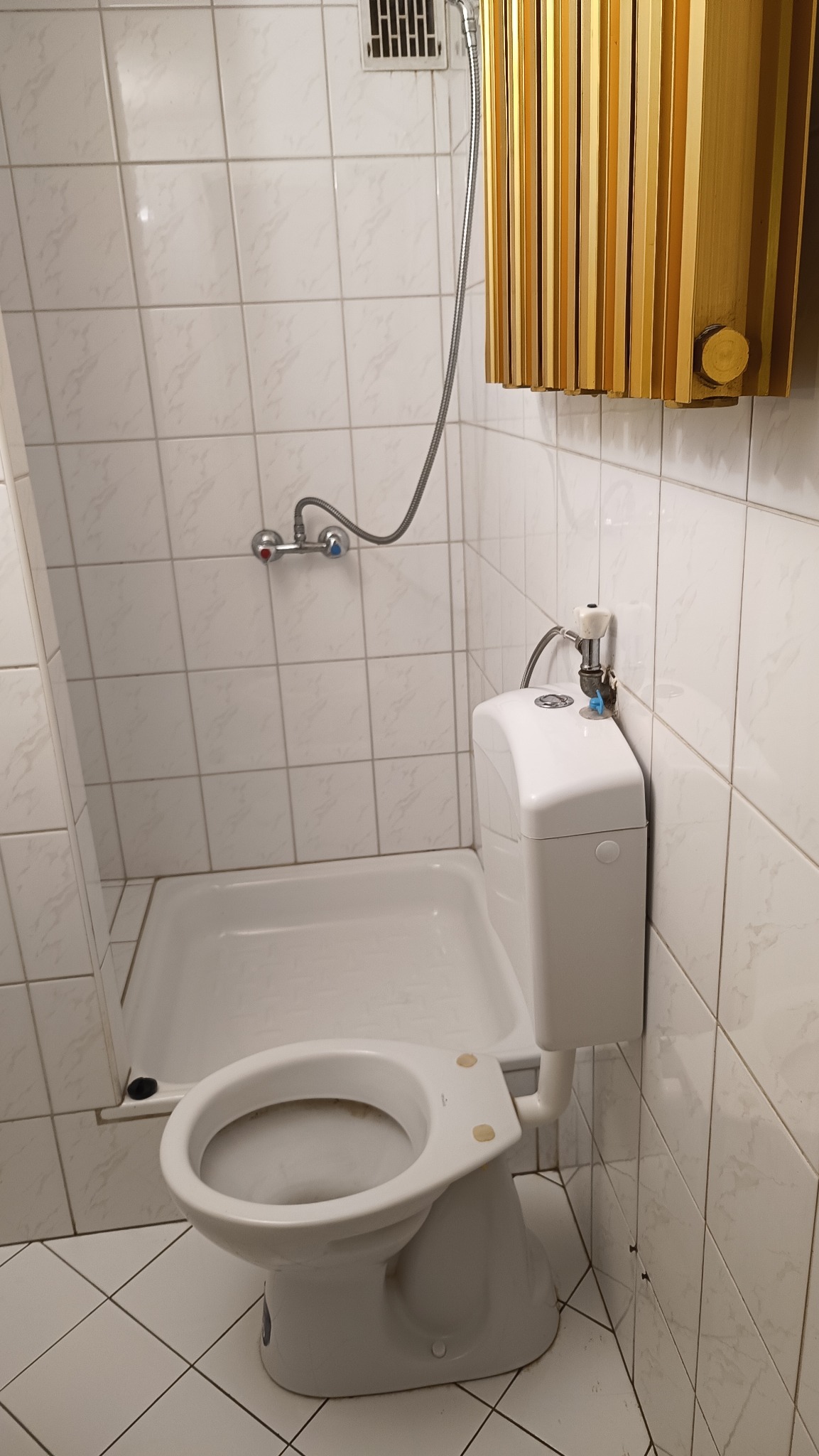 Kompakt WC z górnopłukiem i prysznicem w łazience wyłożonej białą, kwadratową glazurą. Widoczny grzejnik przepływowy z dekoracyjną obudową i bateria natryskowa.