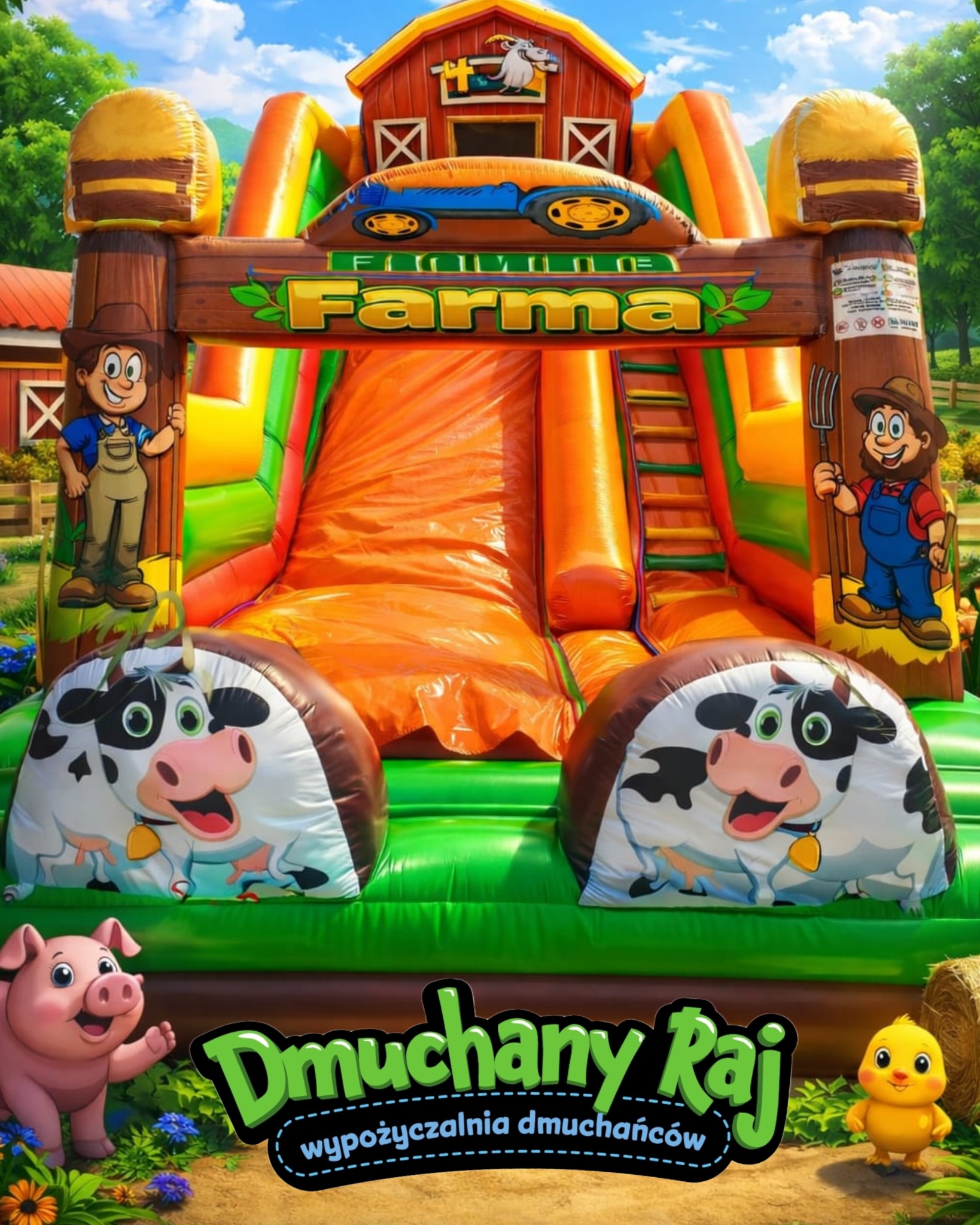 Kolorowy dmuchany zamek w stylu farmy z motywami zwierząt, zjeżdżalnią i dekoracjami. Widoczne logo 'Dmuchany Raj'.