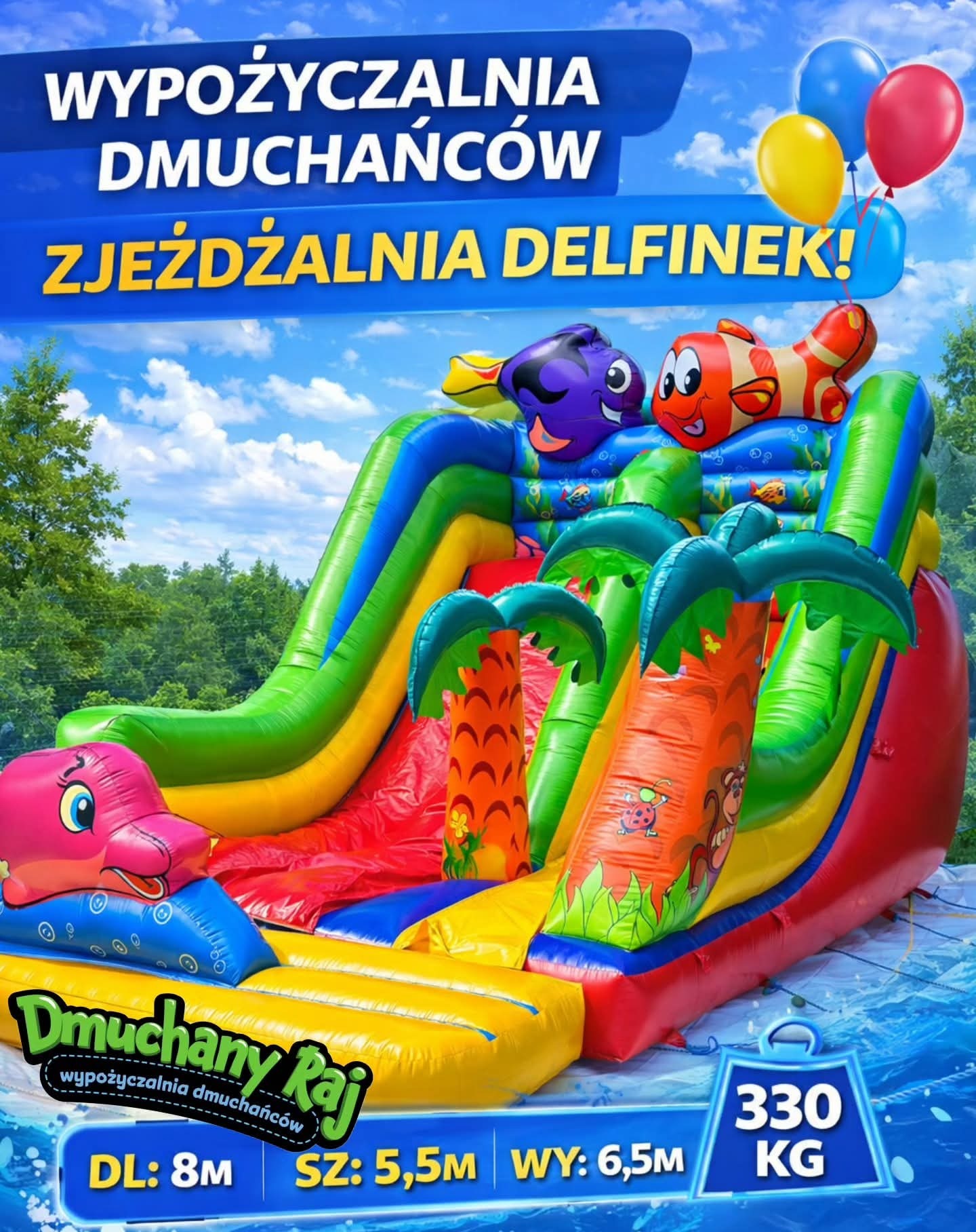 Kolorowa dmuchana zjeżdżalnia 'Delfinek' z motywami morskimi i palmami, idealna na imprezy plenerowe. Widoczne balony i wymiary konstrukcji.